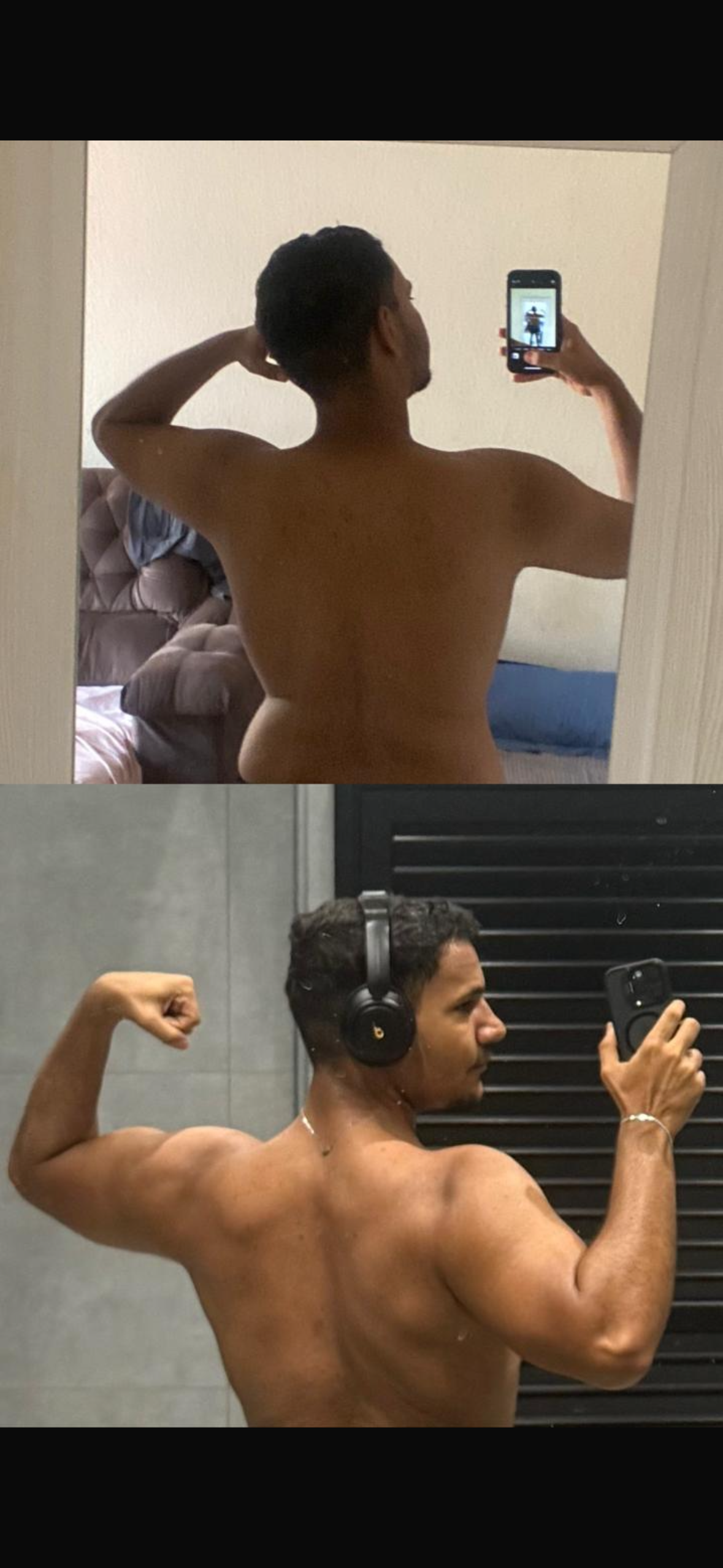 Comparativo antes e depois de 4 meses de treino — evolução das costas e definição muscular