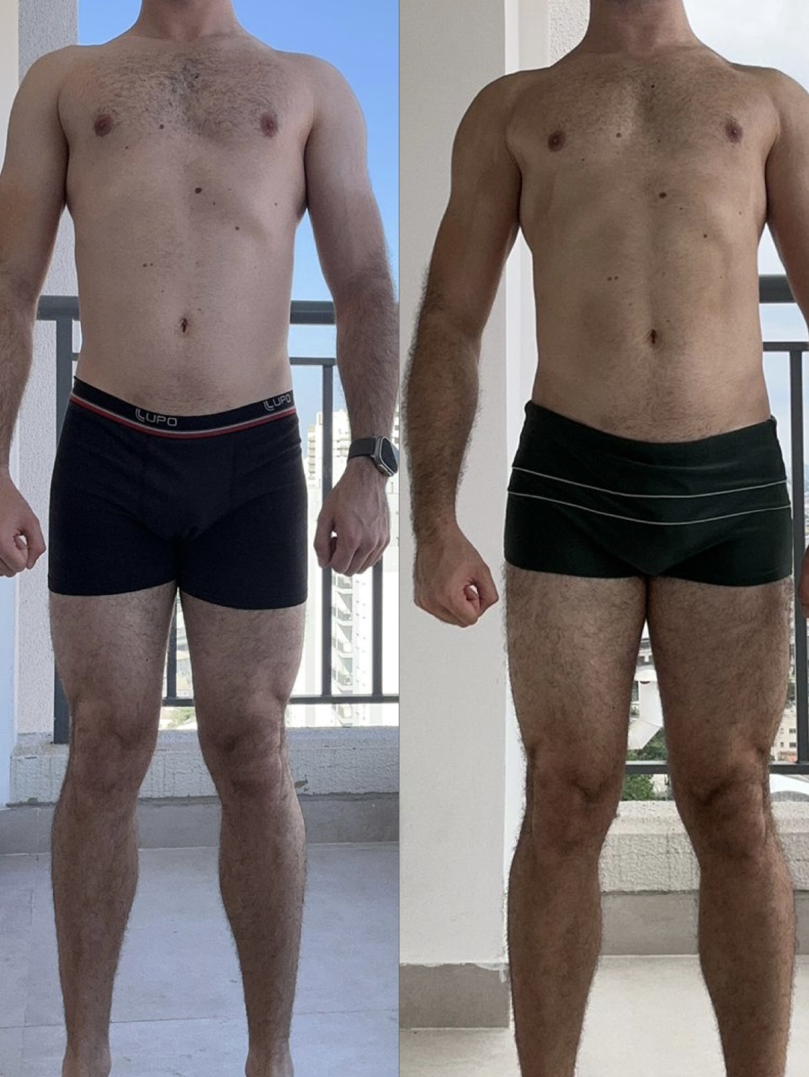Comparativo antes e depois — evolução de pernas, abdômen e postura em 4 meses